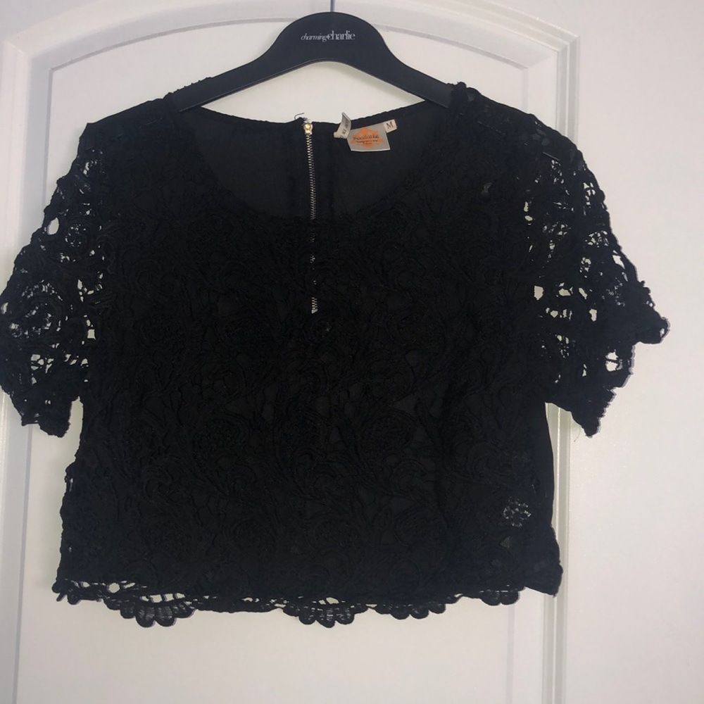 Black Floral Lace See Through Top With Zipper